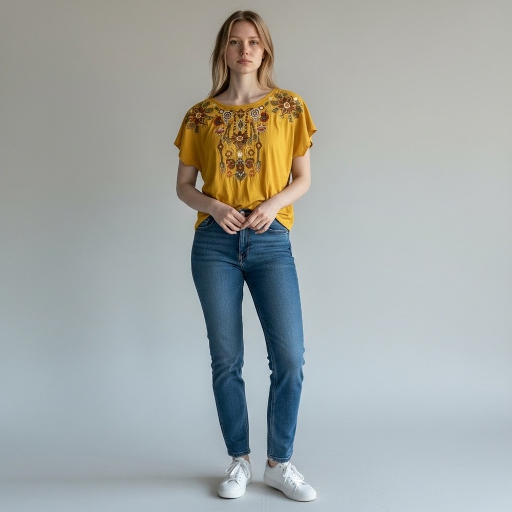Solitaire Mustard Yellow Embroidered Boho Blouse Rayon Short Sleeve Top 21-232 M